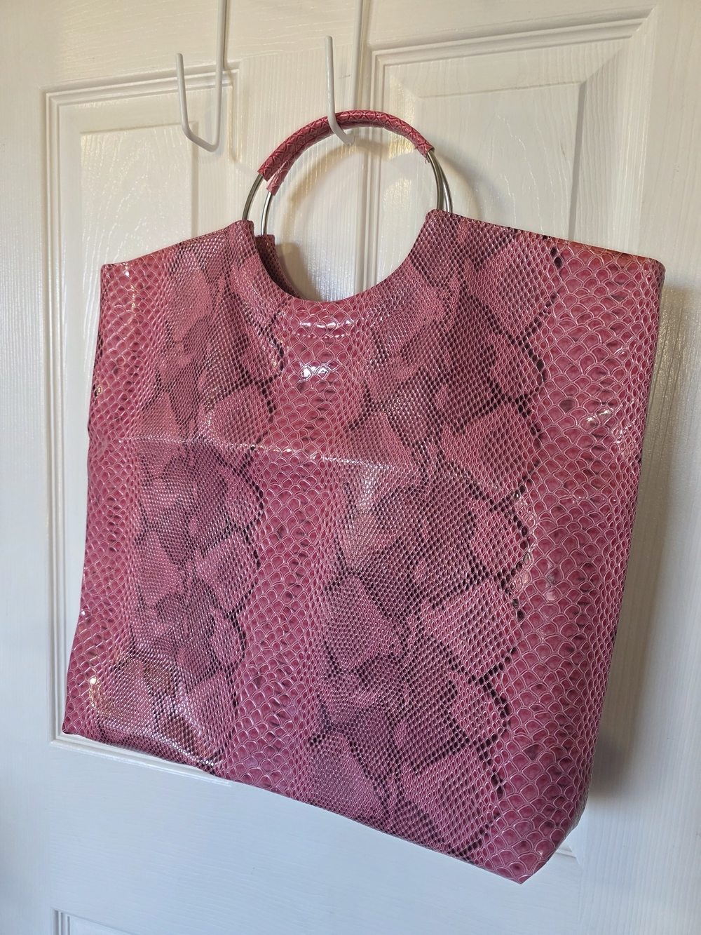Pink Snake-Embossed Tote with Metal Ring Handles - Picture 1 of 4